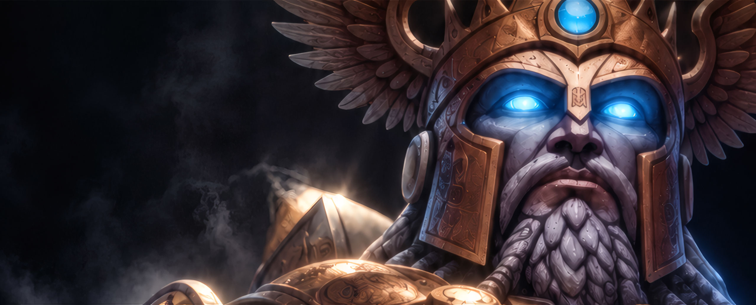 Le dieu zeus de l'arénia en armure dorée au regard bleu lumineux
